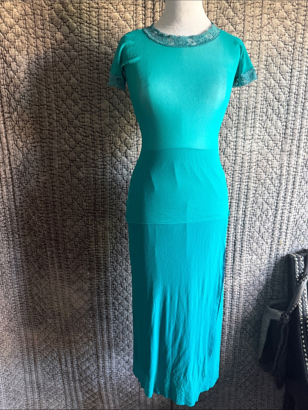 Jean Paul Gaultier Teal Stretch Mesh Set -Skirt and Top  with Stretch Lace Trim.